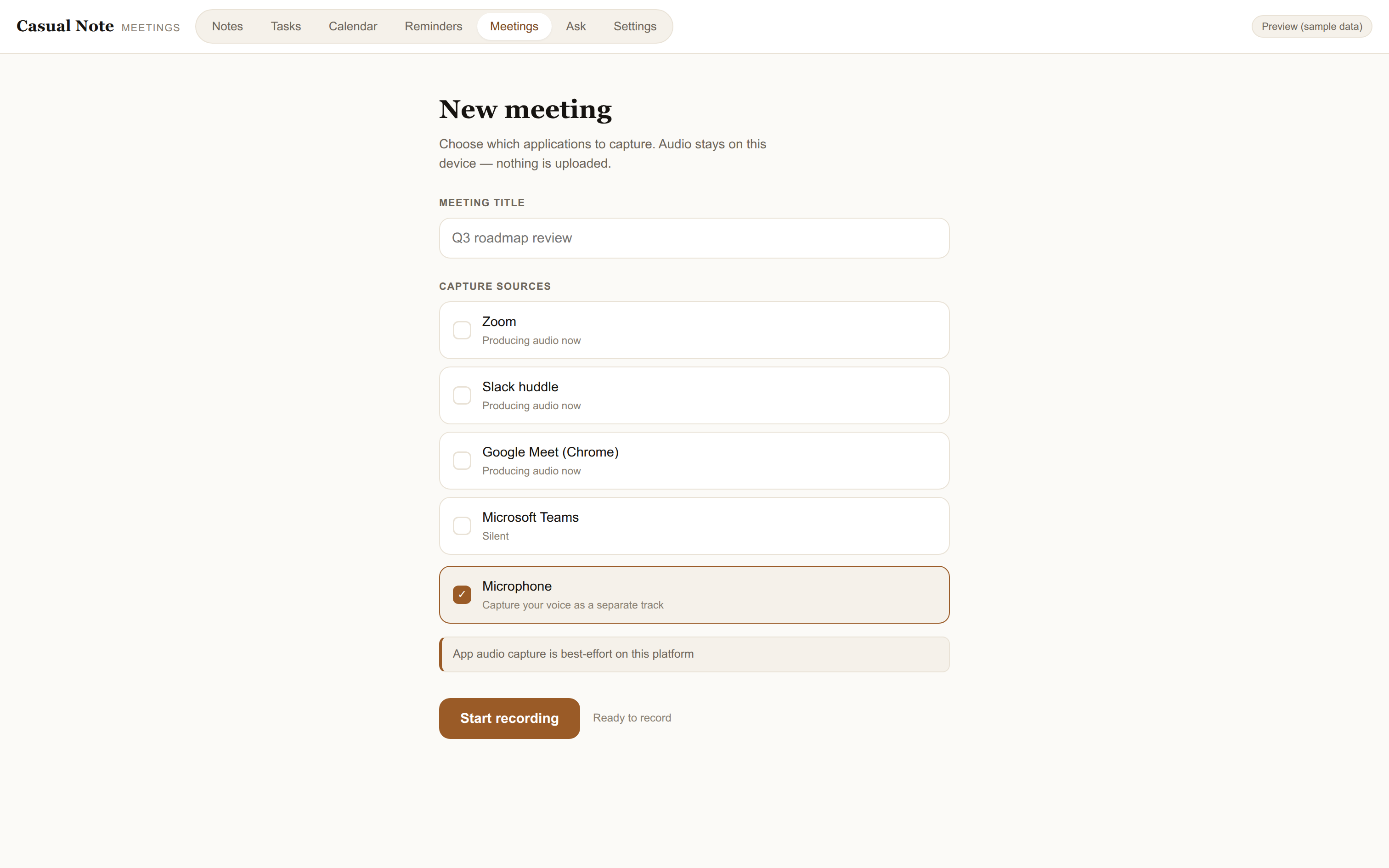 Casual Note meeting review — transcript beside an evidence-linked summary, decisions, and action items