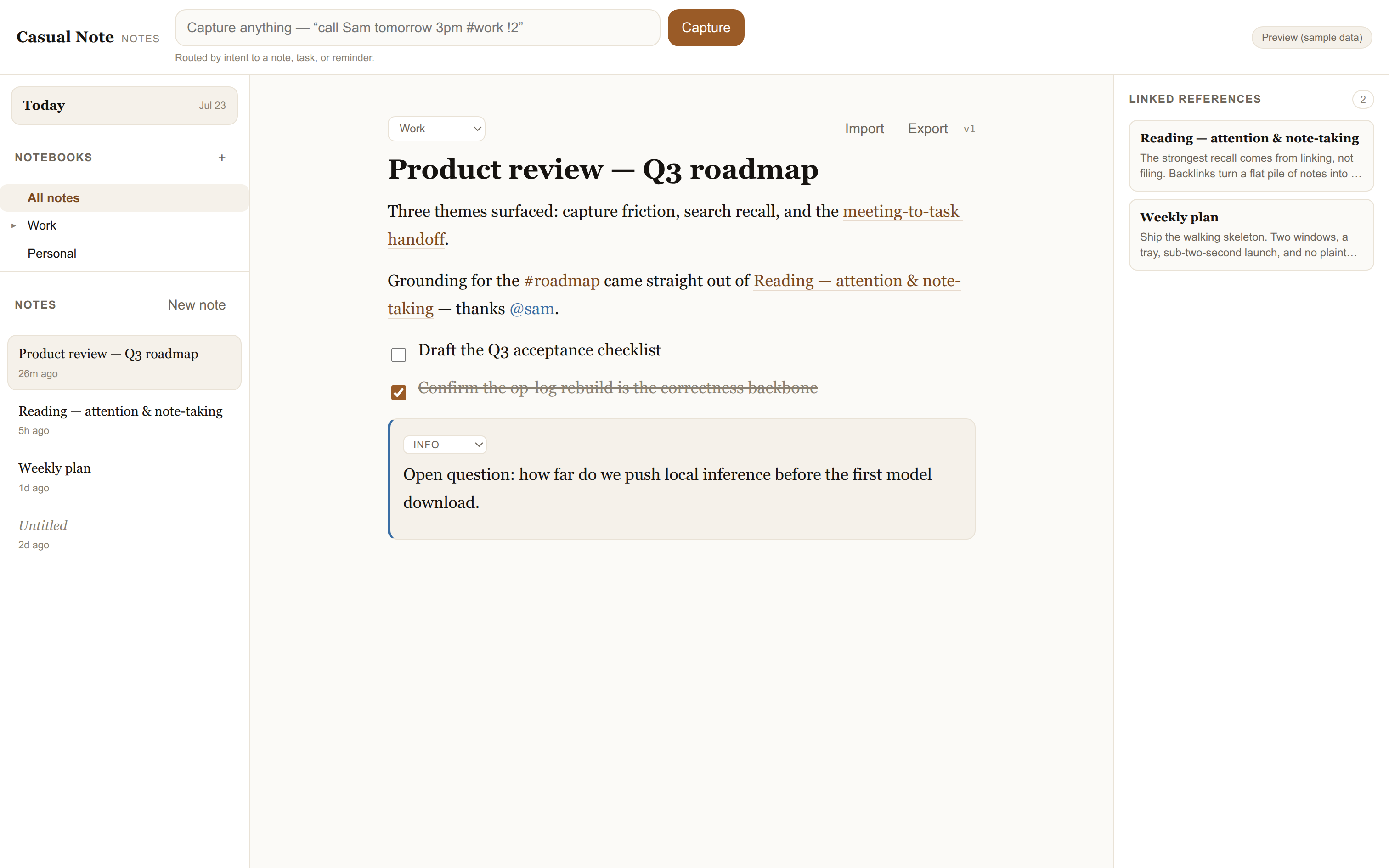 Casual Note desktop app: a notebook list beside an open note, with a natural-language quick-capture bar at the top