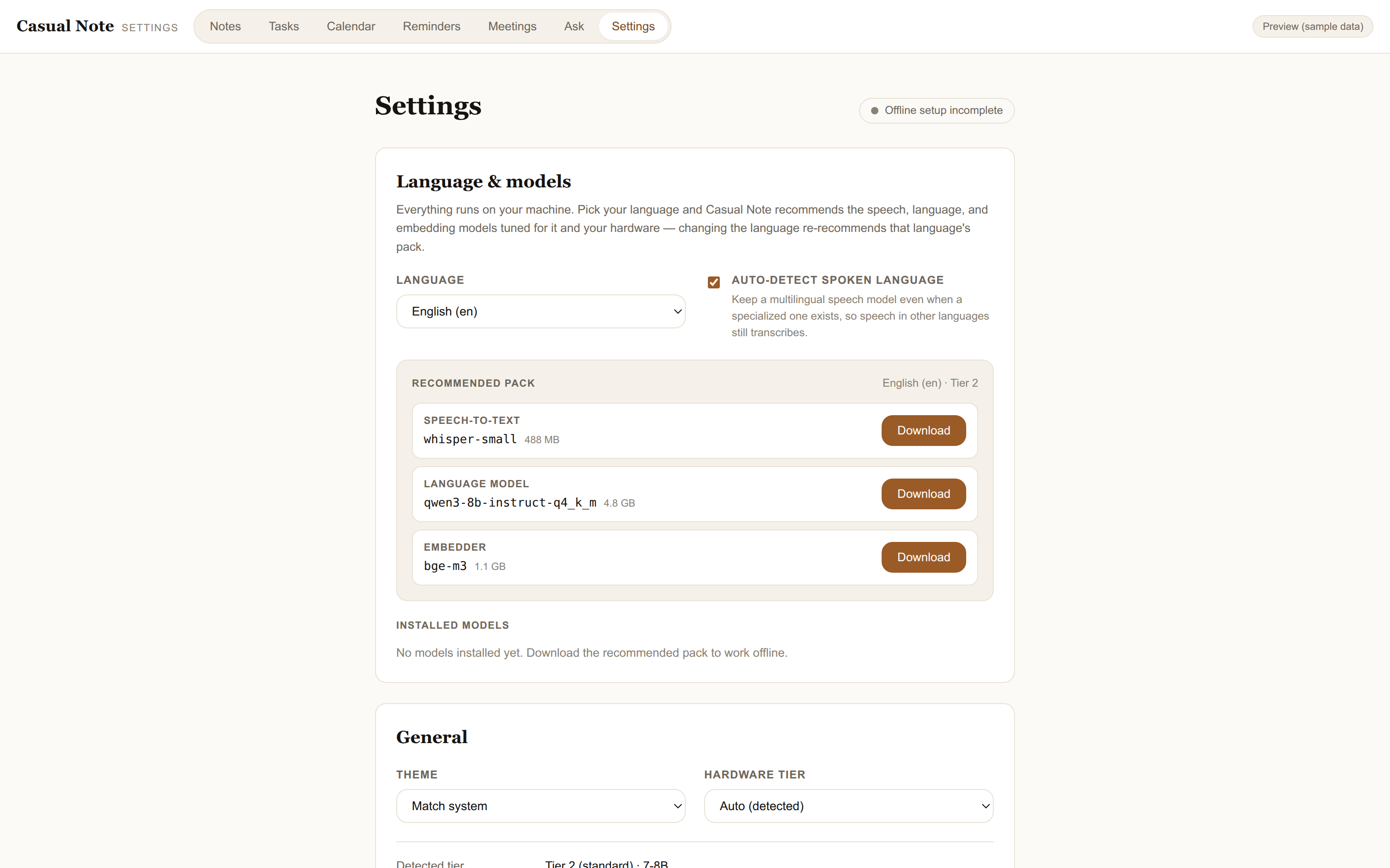 Casual Note settings — pick your language and download the on-device speech, language, and embedding models tuned for it