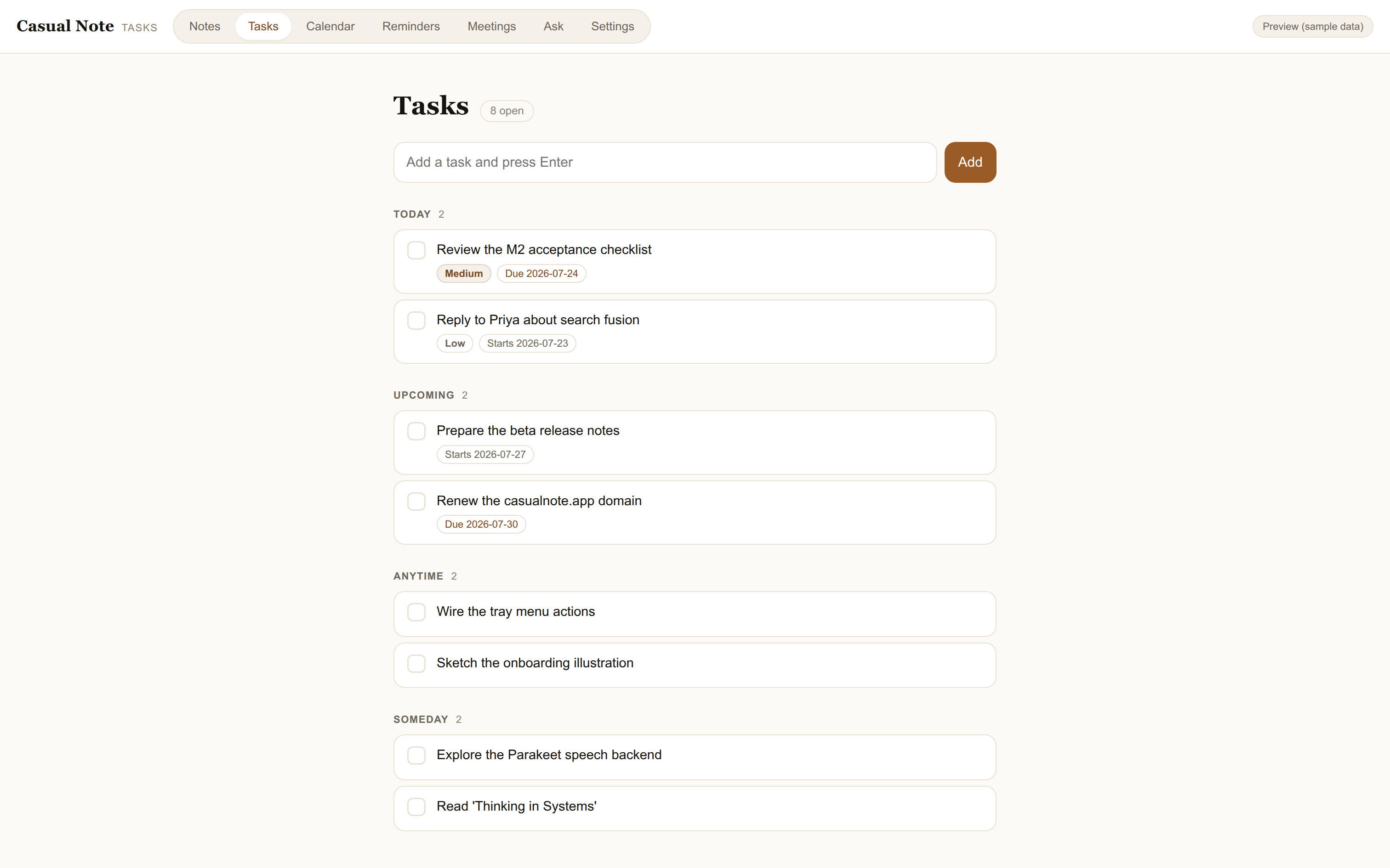 Casual Note tasks — Today, Upcoming, Anytime, and Someday buckets